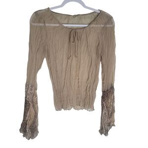 Y2K Sheer Boho Blouse Women's Medium Brown Bell Sleeve Whimsigoth Fairy Zoompy